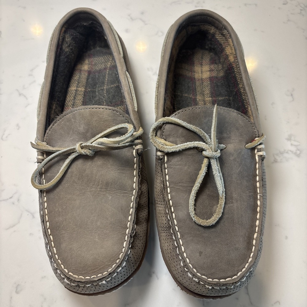 LL Bean Gray Leather SlipOn Flannel Lined Handsewn Slippers Rubber Sole SZ 10M‎